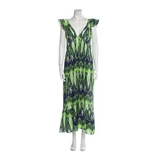 Figue Green Navy Ikat Print Cotton Maxi Dress Flutter Sleeve Tiered Hem Large